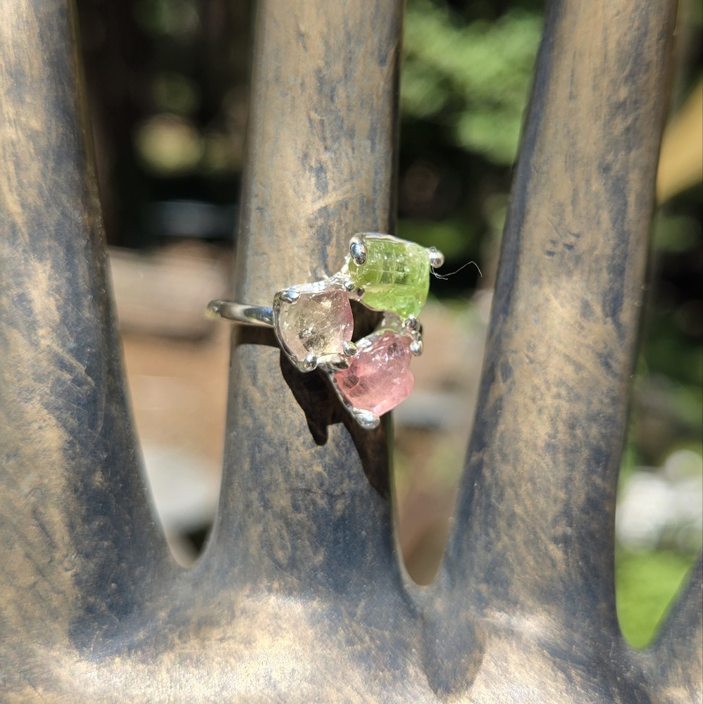 Green & Pink Tourmaline Triade Gemstone Sterling Ring Sz7.75 - Picture 5 of 8